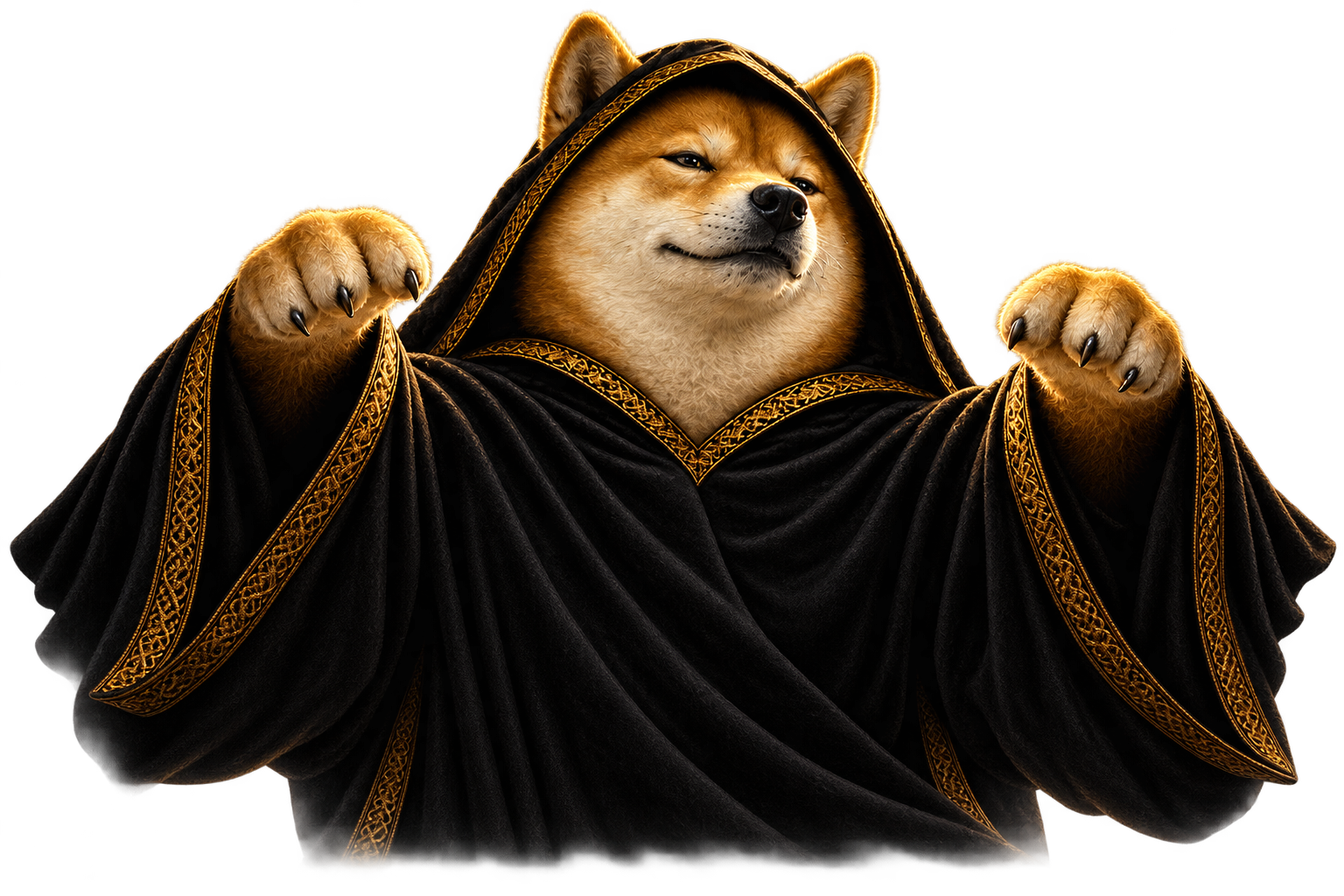 A smug hooded Shiba Inu with outstretched puppeteer's paws